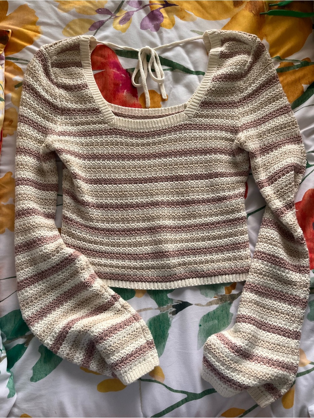 Hollister Cream and Mauve Striped Open-Back Knit Sweater